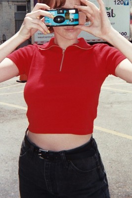 brandy melville red cotton crop 1/4 zip 