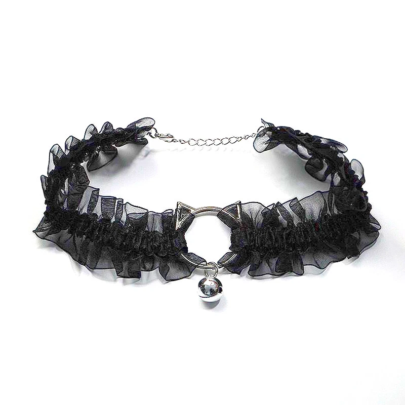 Black Lolita Cat Ring Lace Collar Choker Necklace Neckband with Little Bell