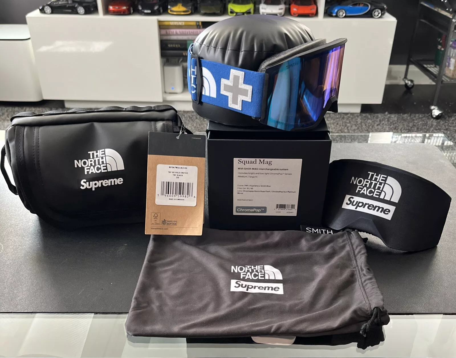 Lunettes de ski snowboard SUPREME X THE NORTH FACE SMITH BLEUES NEUVES boîte logo sac