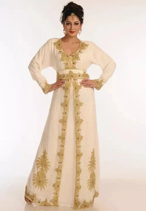 OFF WHITE Abito da sposa fantasia festa marocchino georgette Dubai bianco sporco abito abaya