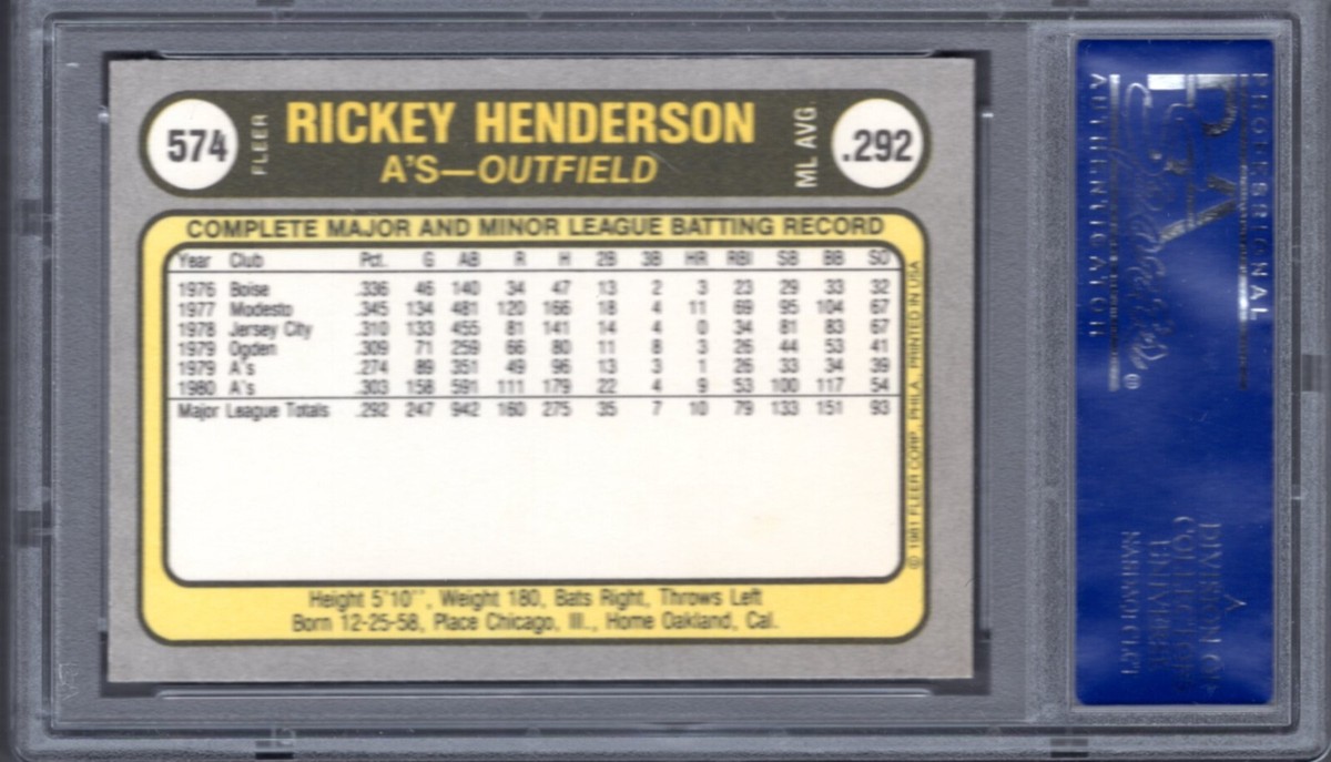1981 FLEER RICKEY HENDERSON 2ND YEAR CARD #574 PSA 9 MINT