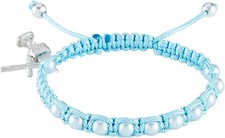 Light Blue First Communion Imitation Pearl Rosary Bracelet With Cross Charm 8in