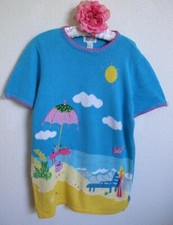 Vtg Quacker Factory Summer Beach Umbrella Sweater S Embellished Beaded Cotton