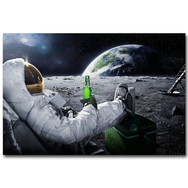 Astronaut on the Moon with Beer Funny Art Silk Poster 12x18 24x36 inch