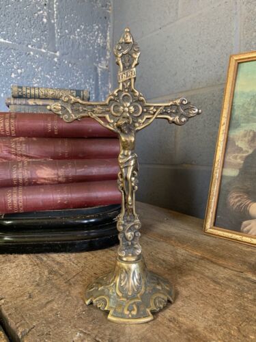 Antique Brass Altar Crucifix Large Cross Ornate 34cm Gold - Picture 1 of 11