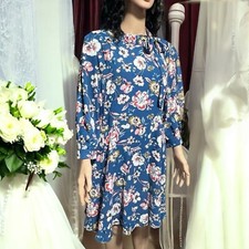 Eliza J Floral Dress Size 16 Fit Flare Crepe Long Cuff Sleeve Bow Neck Blue