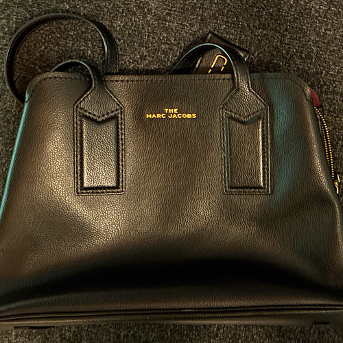 Marc Jacobs Black Satchel Top Handle Bag, Red Insides + Strap Gold Purse Charm