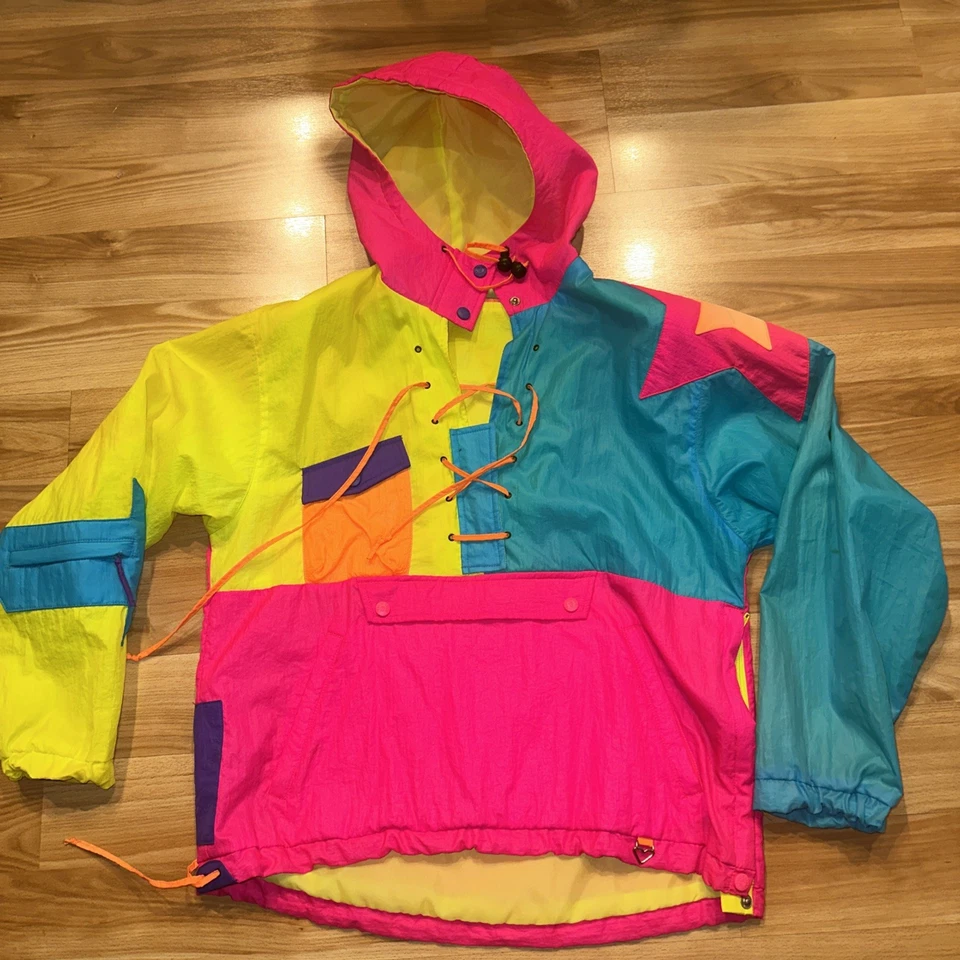 Vintage OBERMEYER 80s/90s Neon Colorblock Windbreaker Pullover Jacket coat - Image 2 of 4