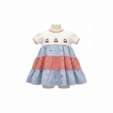 VTG Baby Girls Cherry Ruffle Tiered Dress White Blue/Red Gingham Summer 6 Month
