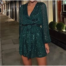 VICI Green Sequin Wrap Dress Long Sleeve Belted Mini Party Cocktail