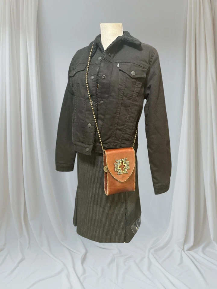 LEATHEROCK Crossbody Brown Leather Brass Cross Western Boho Shoulder Bag 90s USA - Image 2 of 4