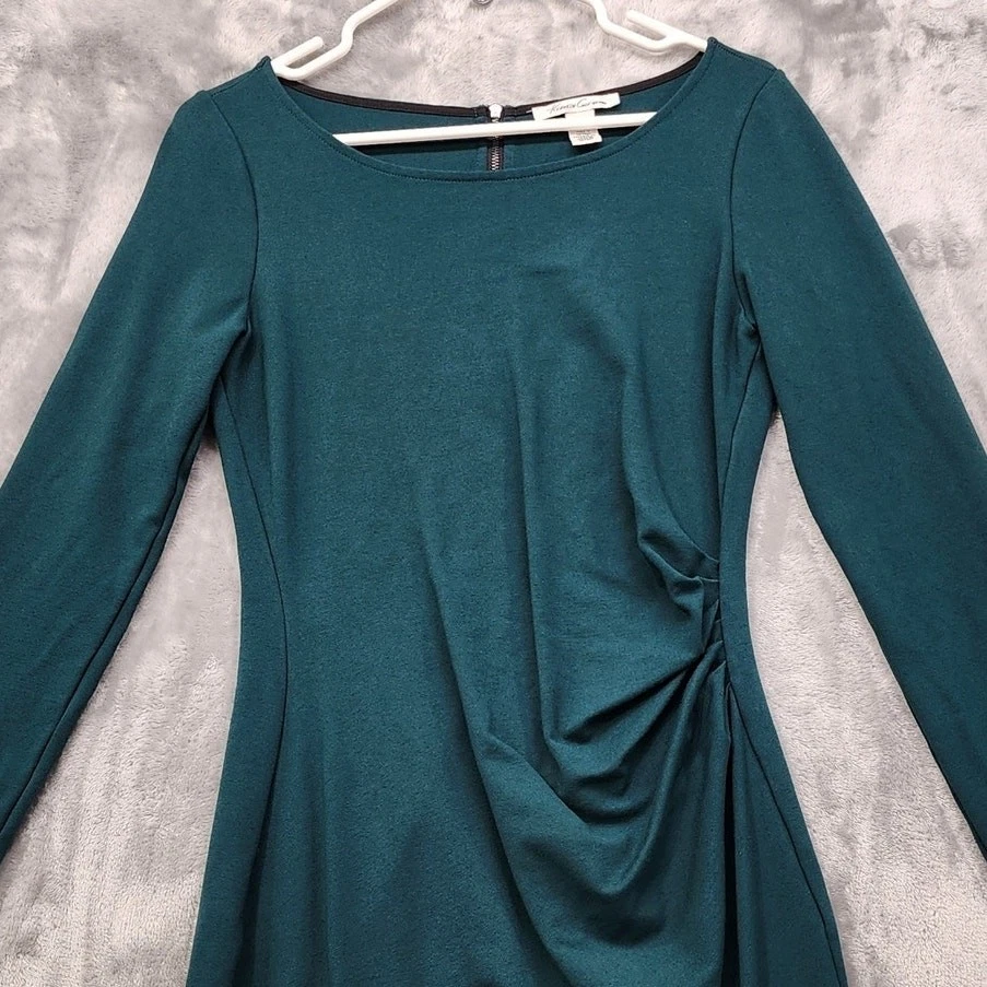 Kenneth Cole Dress Womens 8 Green Long Sleeve Ruched Side Back Exposed Zipper - Image 2 of 4