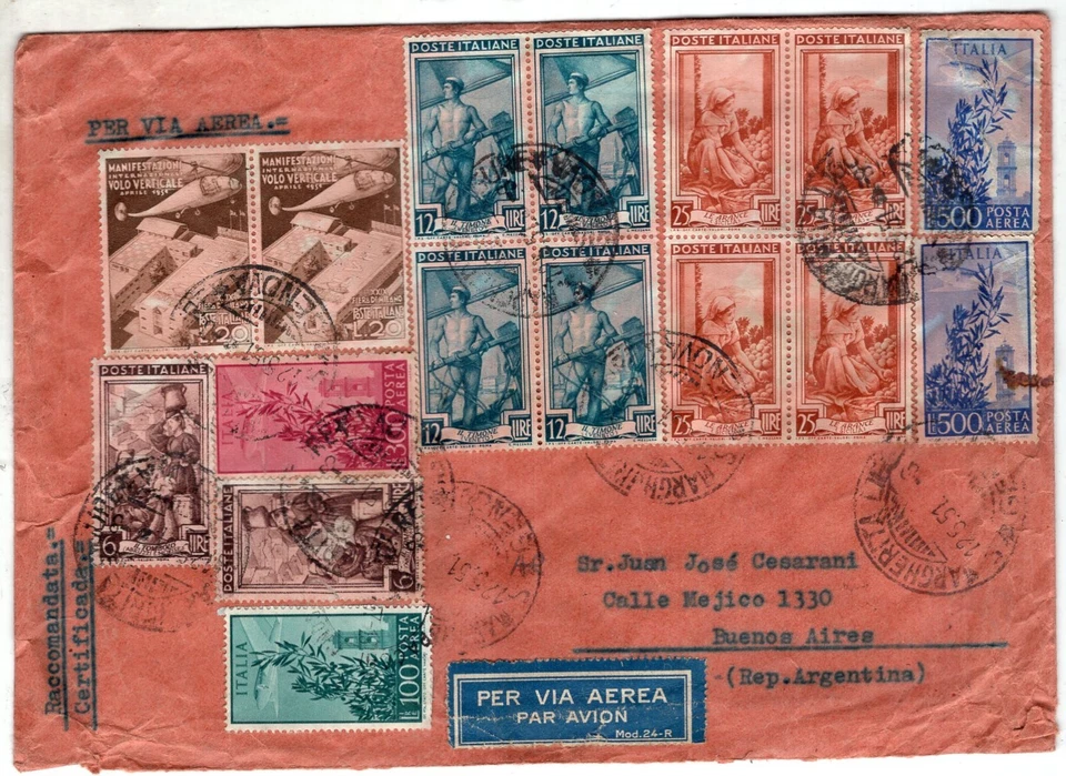 ITALY, 1951, AIR MAIL COVER TO ARGENTINA, W/35 STAMPS POSTAGE - Image 2 of 2