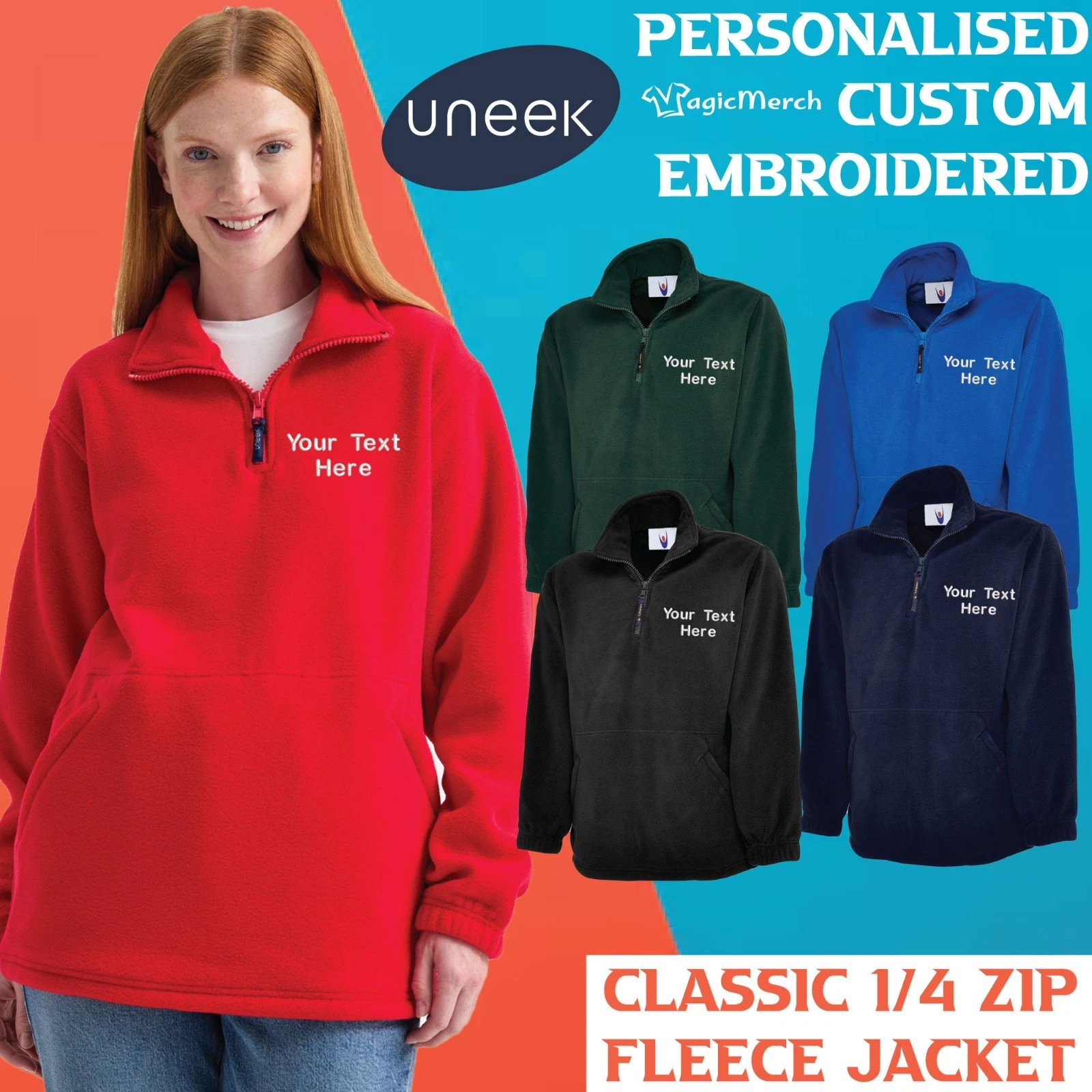 Embroidered Uneek Classic 1/4 Zip Fleece Jacket Custom Text Logo Workwear Casual