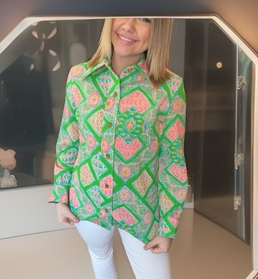 70s DA-RUE MOD PSYCHEDELIC GREEN/PINK DISCO TOP Blouse SZ M