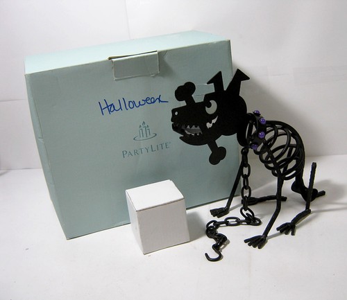 Vintage Halloween PartyLite Metall & Glas Hund Skelett Votivkerzenhalter