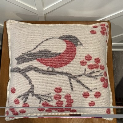 Barker Textiles Throw Pillow Beige Red 100% Wool Rowan Tree Robin Bird Berries
