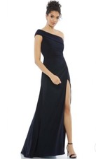 Mac Duggal Off Shoulder L Formal Gown Maxi Dress Slit Navy Trumpet Ruched 2 NWT