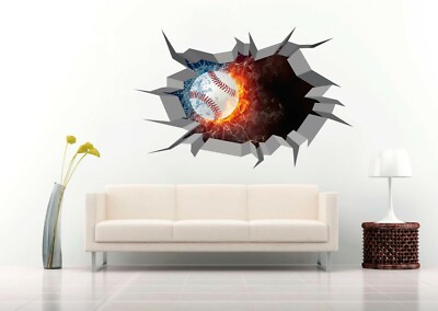 Baseball Ball vs The Elements 3D Crack Wall Decal Vinyl Sticker Mural Art Decor