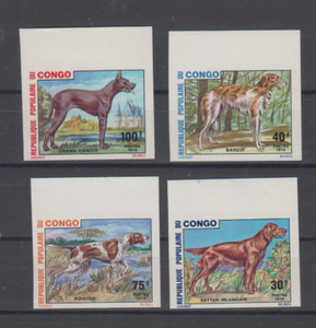 Dogs - Congo P. R. 1974, Scott #308-11(4) IMPERF / IMPERFORATE set with margin