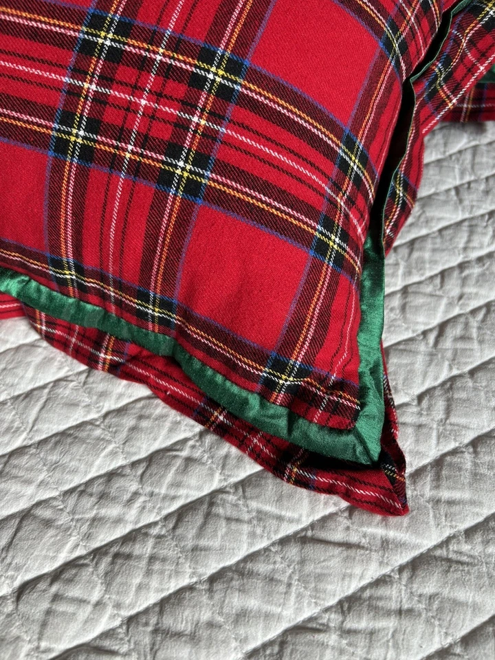 Pier 1 Tartan Plaid Holiday 2 Pillow Covers Flannel Red Green Ribbon Trim 22x15 - Image 3 of 4