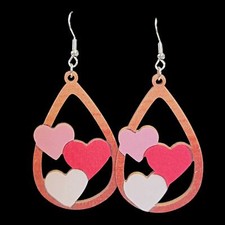 Valentines Day Earrings Pink Red Wooden Hearts Dangle Teardrop Gift for Her
