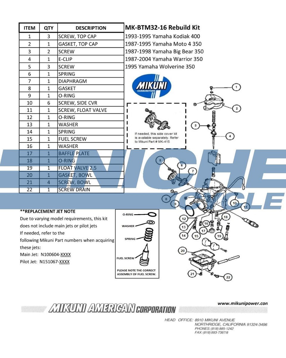 Genuine Mikuni OEM BTM32 Carburetor Rebuild Kit for Yamaha ATV MK