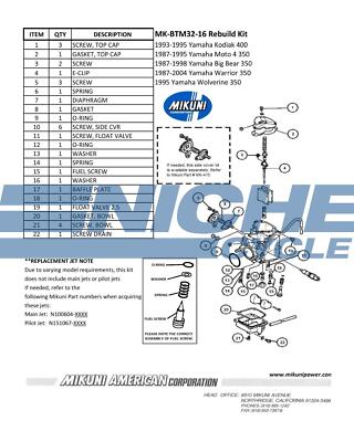Genuine Mikuni OEM BTM32 Carburetor Rebuild Kit for Yamaha ATV MK
