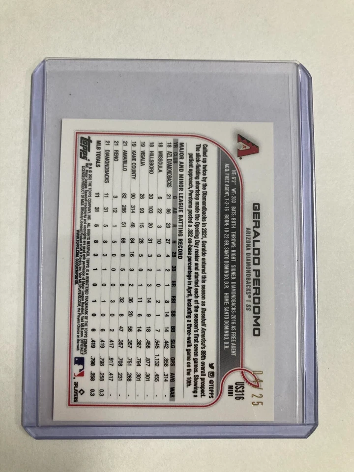 2022 Topps Baseball Mini Pink #4/25 Geraldo Perdomo #US316 Arizona Diamondbacks - Image 3 of 3