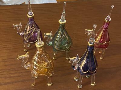 Set of Mouth blown EGYPTIAN PERFUME BOTTLES Pyrex Glass CAMEL Shape 
