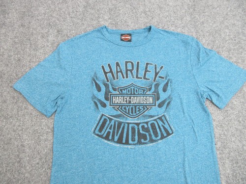 Harley Davidson Shirt Mens Medium Blue Flames Spell Out Logo Motorcycle Biker - Picture 3 of 10