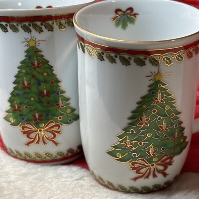 Otagiri Japan Coffee Cup Mug Christmas Tree Holly Set Of 2 Porcelain By M.Baker￼