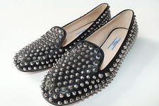  990 Auth PRADA Black Leather Studded Smoking Slipper Flats Loafers Shoes 37 7 m
