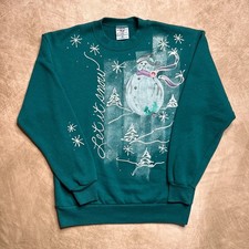 Vintage 90s Jerzees Handmade Let It Snow Snowman Painted Crewneck Sweater Green