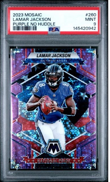 Panini Mosaic 2023 National Pride Lamar Jackson #260 Purple No Huddle /50 PSA 9