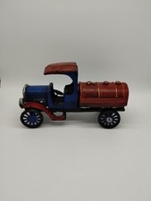 Vintage Cast Iron Gas/Oil Truck Tanker Hand Painted Red Blue Metal Wheels