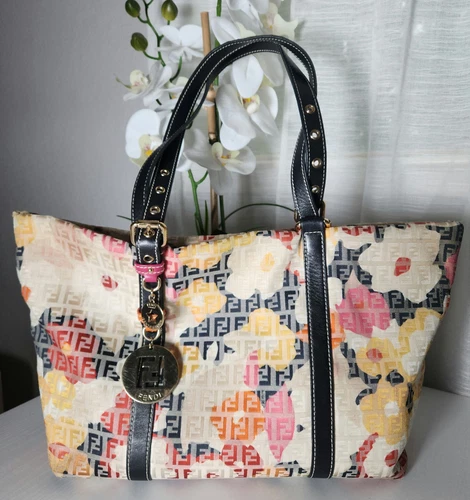 Autentica Borsa Shopper FENDI Zucchino Floreale Beige Multicolore