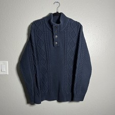 LL Bean Signature Chunky Cable Knit Fisherman Henley Sweater Men  s XL Navy Blue