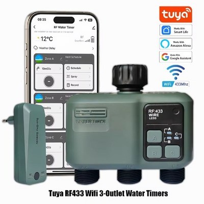 Tuya Wifi+RF433 Smart Sprinkler Wassertimer mit 3-Wege-Regenverzögerungsfilter 