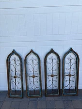 Set of 4 Gothic Arch Cathedral Window Teal Wall Panels Wood Iron Scroll Rustic