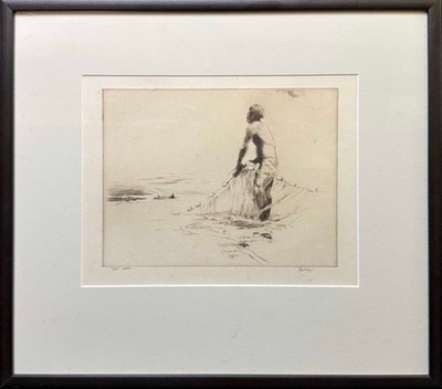 Vtg John Kelly Etching  Huki  Fisherman w Net Hawaii Framed (BAC)