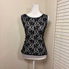 Danny & Nicole Womens Size 10 Black Floral Lace Sleeveless Blouse Grey Lining