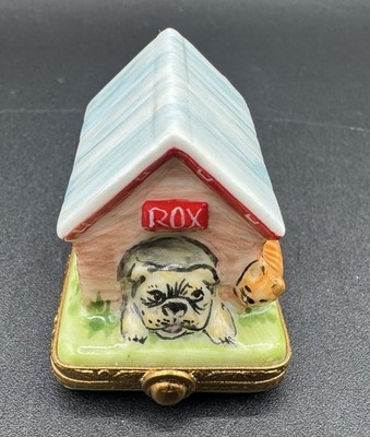 Limoges France  Rox Doghouse and Cat  Pet Theme Porcelain Hinged Trinket Box