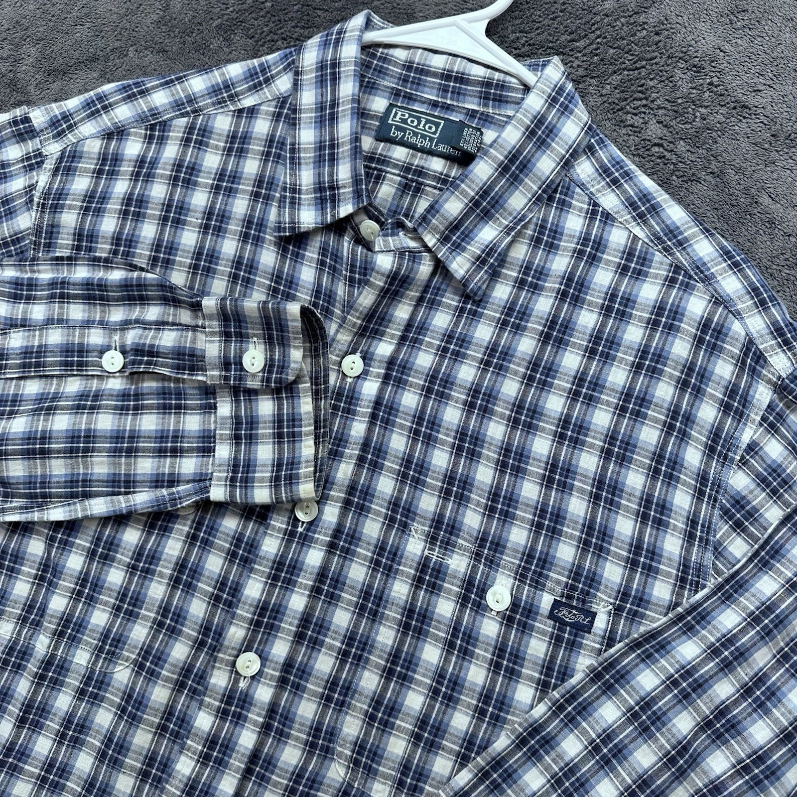 Polo Ralph Lauren Button Up Shirt Mens Large Blue Tartan Plaid Linen Blend