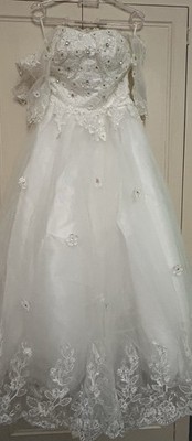 Atemberaubendes weißes Spitzen A-Linie Brautkleid Korsett Rücken & schulterfreie Ärmel