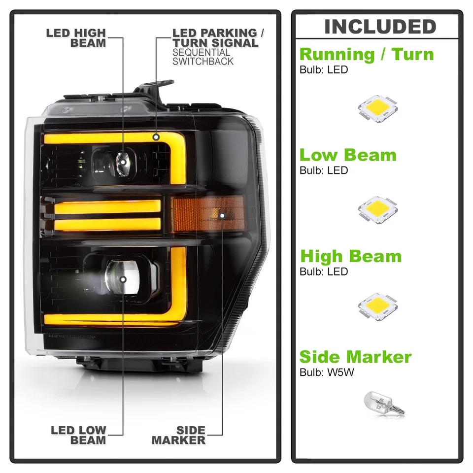 For 2008-2014 Ford E150 Switchback Sequential LED Projector Headlights Headlamps - Image 3 of 4