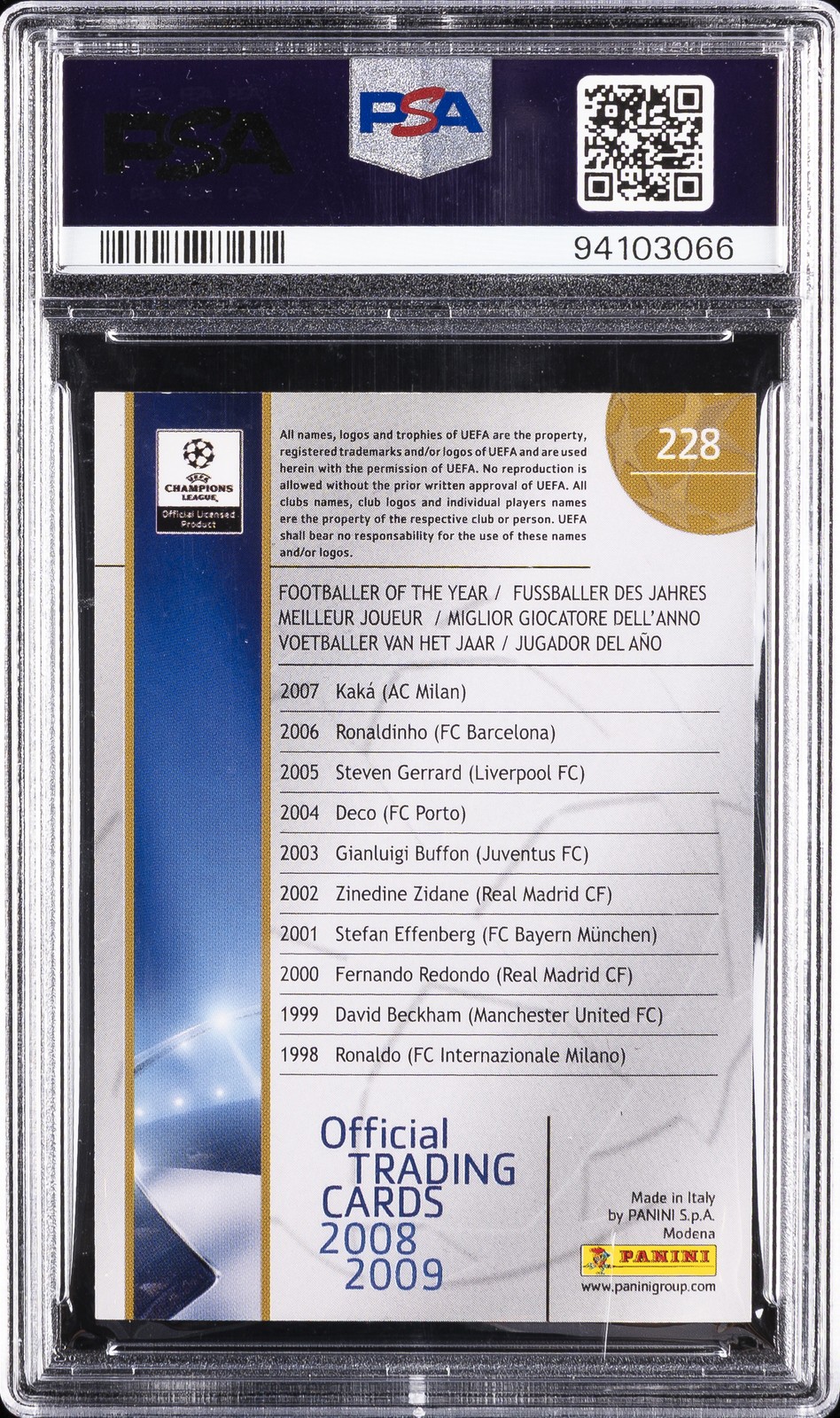 2008-09 PANINI CHAMPIONS LEAGUE OFFICIAL TRADING CARDS CRISTIANO RONALDO PSA 9 view 2