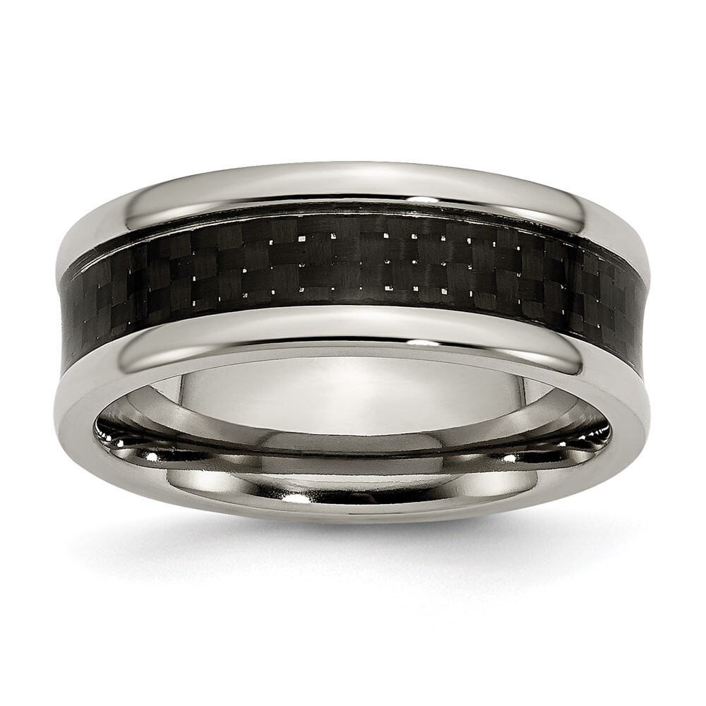 Titanium Polished with Black Carbon Fiber Inlay 8mm Band Ring Size 12
