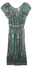 Alya Dress Size Large USA Made Long Colorful Short Sleeve Elastic Waist Tie neck