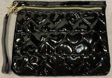 Betsey Johnson Pouch Wristlet Make Up Faux Patent Leather Quilted Puffy Heart